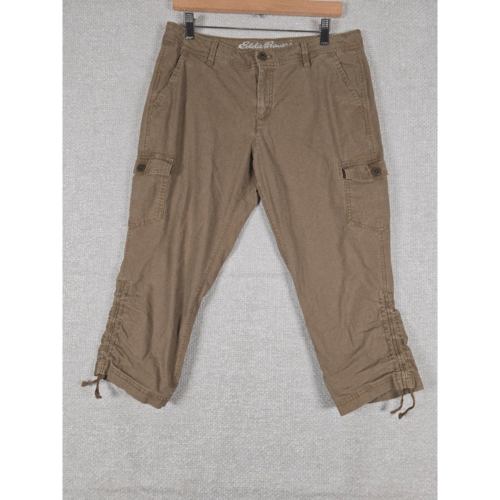 Eddie Bauer Womens Brown Cargo Capri Pants Ruched Hem Petite 10 Mid Rise
